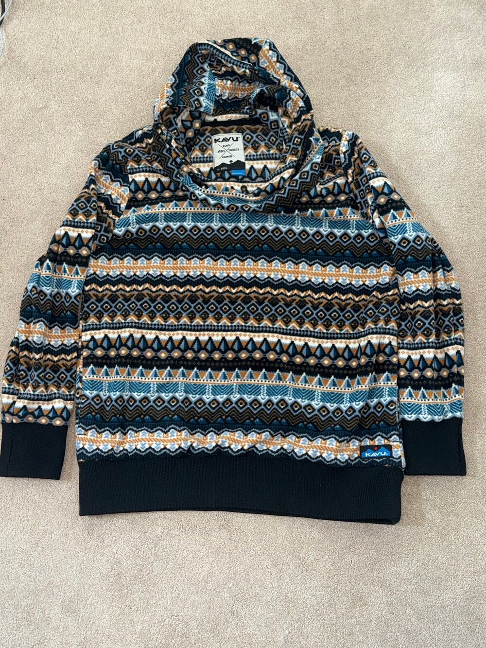 KAVU Geometric Aztec Fleece Pullover Hoodie Cowl Neck Blue Tan Large
